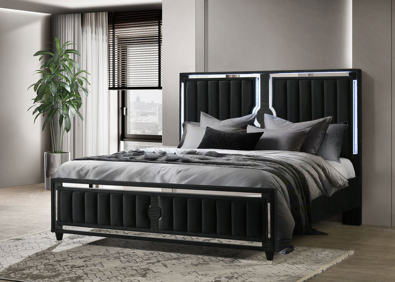 Ravenne Velvet Upholstered LED Panel Bed Black