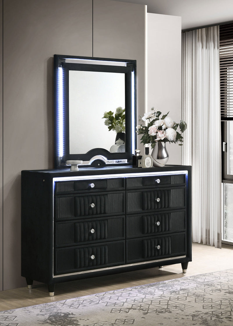 Ravenne 8-drawer Velvet Upholstered LED Dresser Cabinet Black
