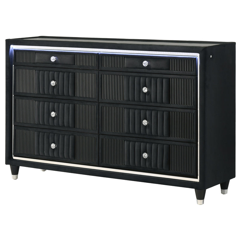Ravenne 8-drawer Velvet Upholstered LED Dresser Cabinet Black