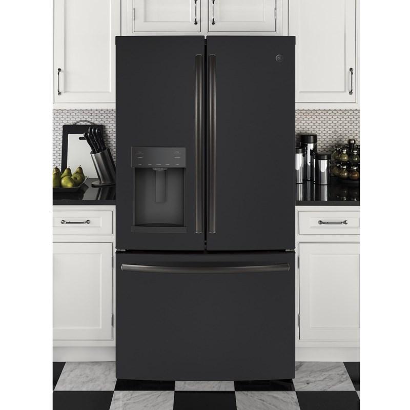 36-inch, 27.8 cu.ft. Freestanding French 3-Door Refrigerator with Ice and Water Dispensing System (GFE28GELDS)