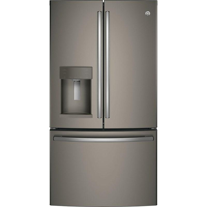 36-inch, 27.8 cu.ft. Freestanding French 3-Door Refrigerator with Ice and Water Dispensing System (GFE28GMKES)