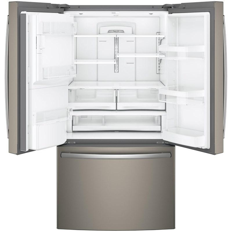 36-inch, 27.8 cu.ft. Freestanding French 3-Door Refrigerator with Ice and Water Dispensing System (GFE28GMKES)