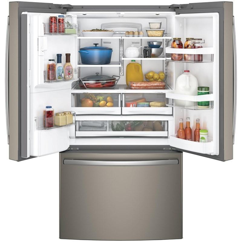 36-inch, 27.8 cu.ft. Freestanding French 3-Door Refrigerator with Ice and Water Dispensing System (GFE28GMKES)