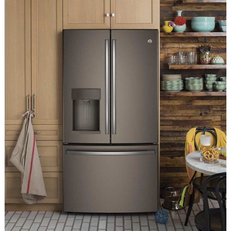 36-inch, 27.8 cu.ft. Freestanding French 3-Door Refrigerator with Ice and Water Dispensing System (GFE28GMKES)