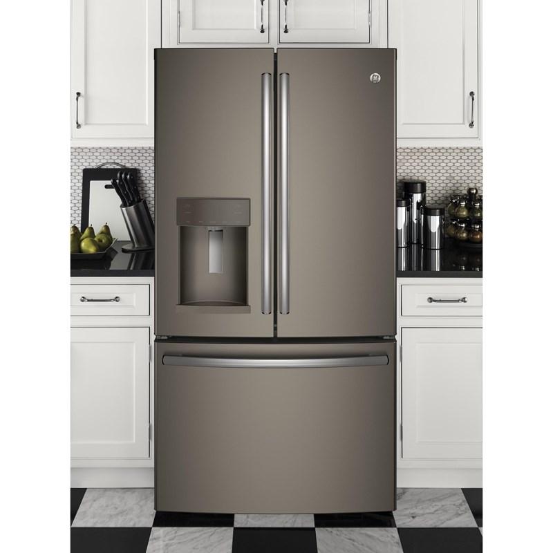 36-inch, 27.8 cu.ft. Freestanding French 3-Door Refrigerator with Ice and Water Dispensing System (GFE28GMKES)