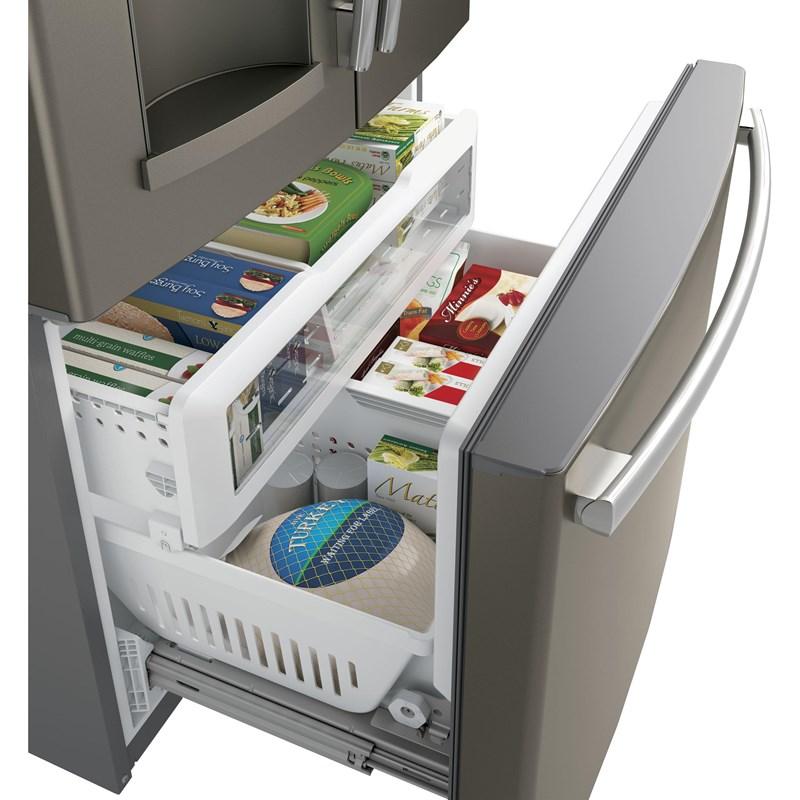 36-inch, 27.8 cu.ft. Freestanding French 3-Door Refrigerator with Ice and Water Dispensing System (GFE28GMKES)