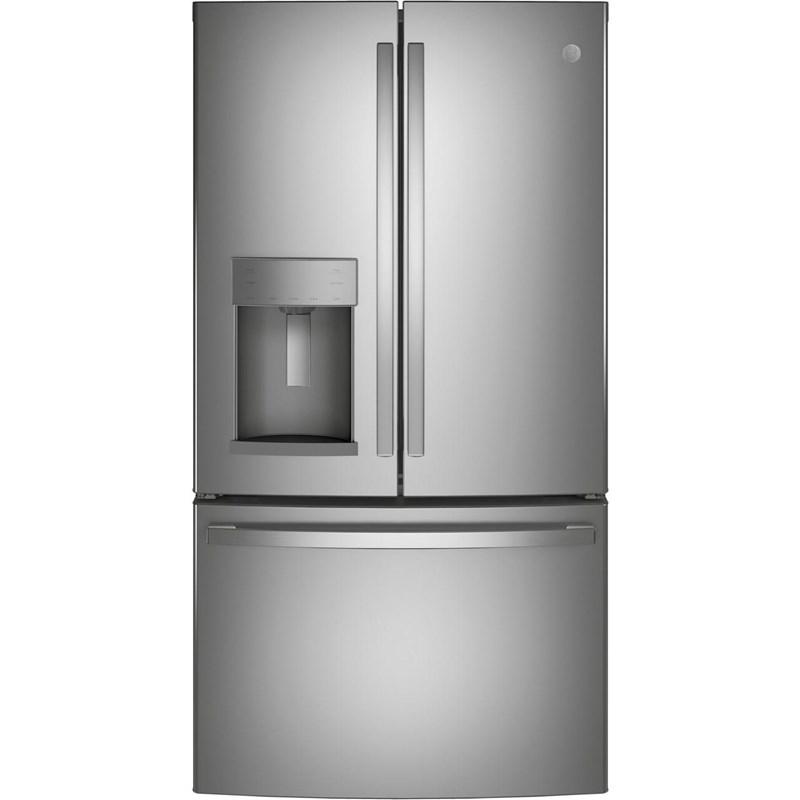 36-inch, 27.8 cu.ft. Freestanding French 3-Door Refrigerator with Ice and Water Dispensing System (GFE28GYNFS)