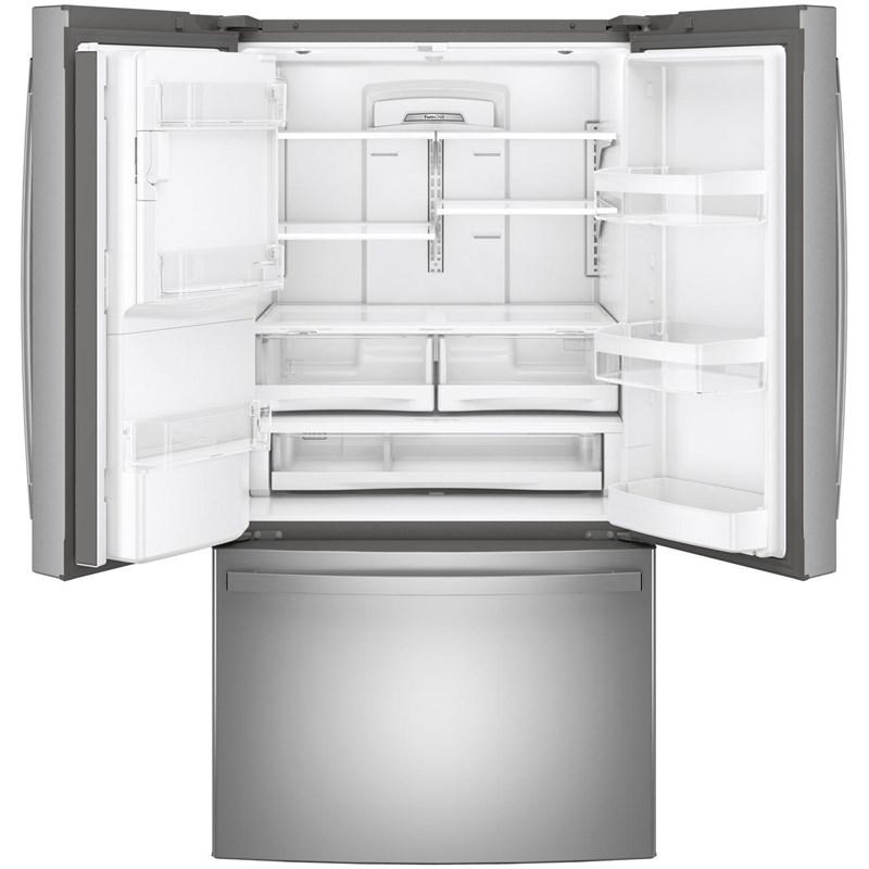 36-inch, 27.8 cu.ft. Freestanding French 3-Door Refrigerator with Ice and Water Dispensing System (GFE28GYNFS)