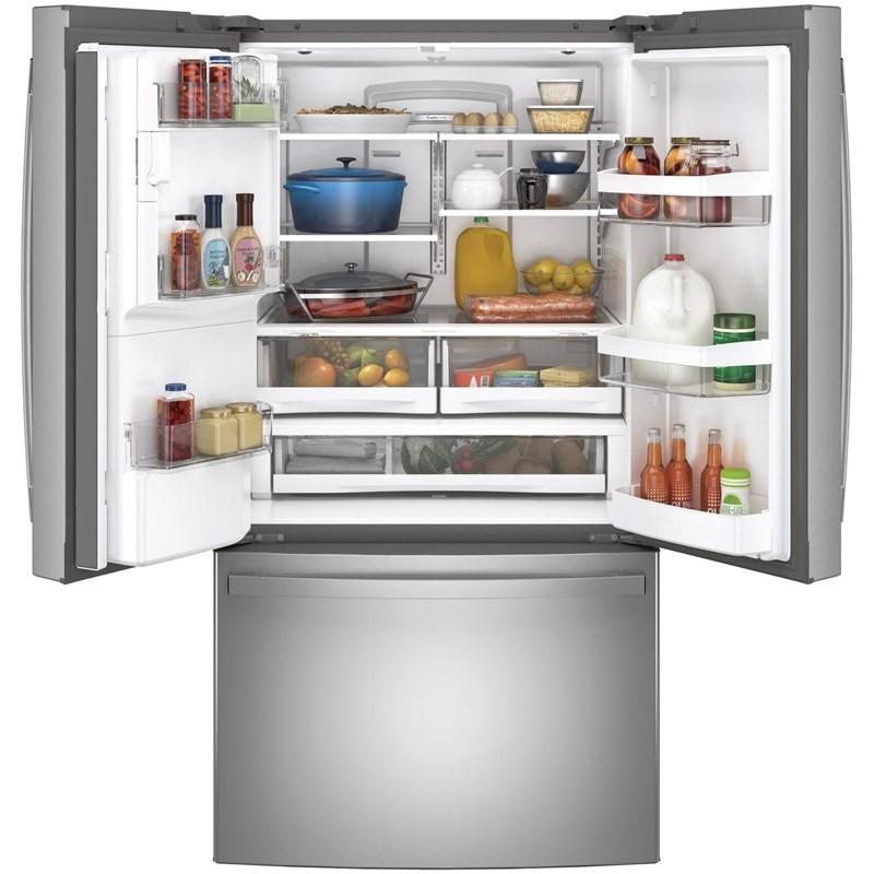 36-inch, 27.8 cu.ft. Freestanding French 3-Door Refrigerator with Ice and Water Dispensing System (GFE28GYNFS)