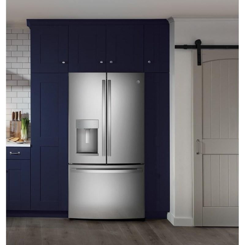 36-inch, 27.8 cu.ft. Freestanding French 3-Door Refrigerator with Ice and Water Dispensing System (GFE28GYNFS)