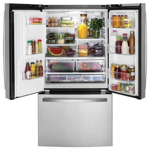 36-inch, 25.6 cu.ft. Freestanding French 3-Door Refrigerator with Multiflow Air System (GFE26JYMFS)