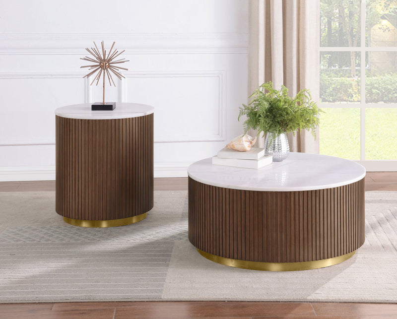 Jason Round White Marble Top Side End Table Greige
