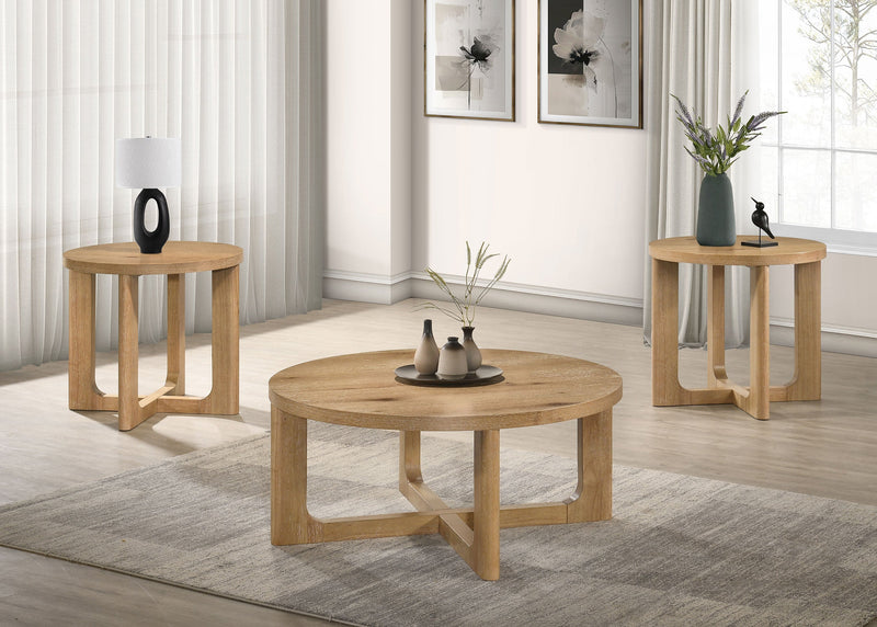 Kessler 2-piece Round Sculptural Wood Coffee Table Set Light Oak