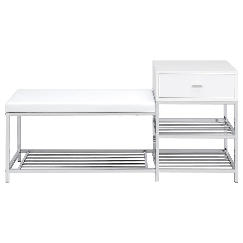 Siega 1-Drawer Shoe Storage Entryway Bench White High Gloss and Chrome