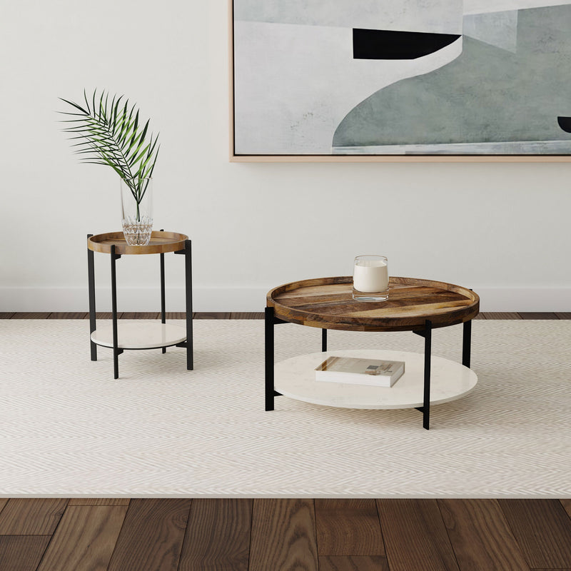Adhvik Round End Side Table Marble Shelf Natural and Black