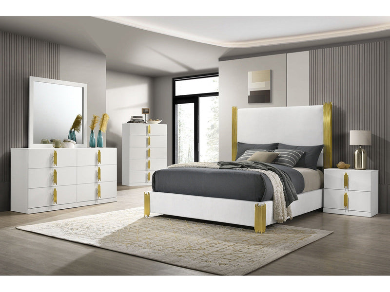 Basildon White/Gold Queen 5 Piece Bedroom Set w/2 Nightstands