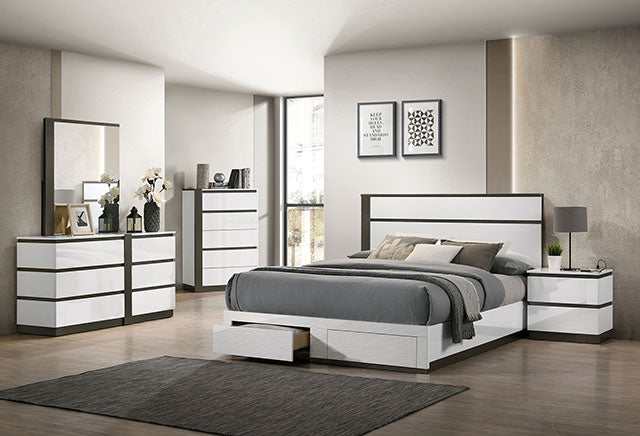 Birsfelden White/Metallic Gray California King Bed w/ Drawers
