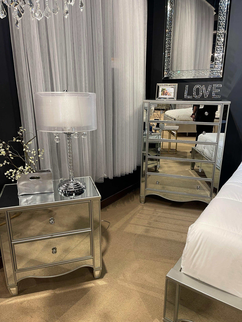 Eliora Silver & Mirrored Nightstand w/ USB Plug