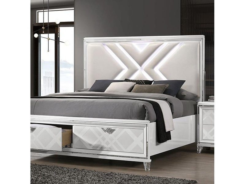 Emmeline White California King Bed w/ HB LED Lights & FB Drawers