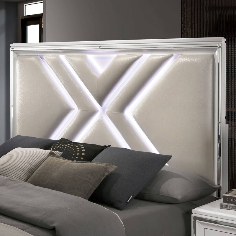 Emmeline White California King Bed w/ HB LED Lights & FB Drawers
