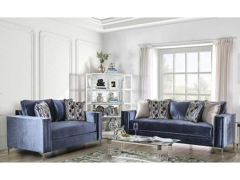 Jodie Satin Blue & Silver Stationary Sofa & Loveseat 2pc