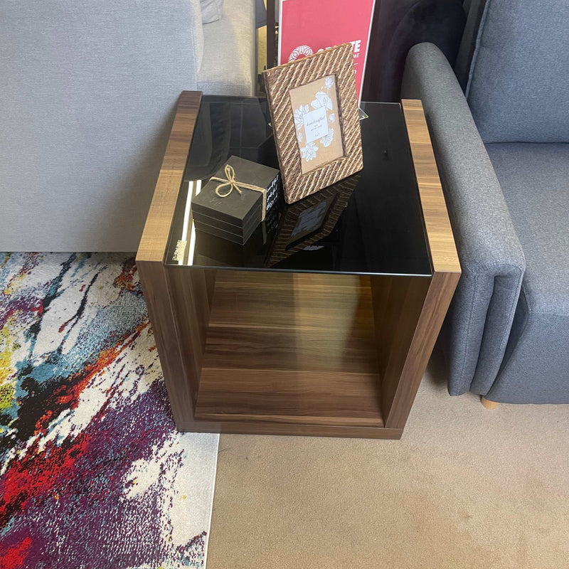 Langenthal Dark Walnut & Black Glass Top End Table