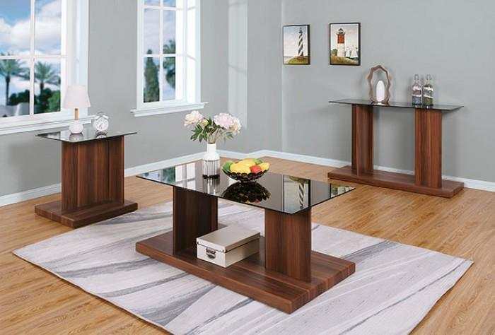 Mannedorf Dark Walnut & Black Glass Top Coffee Table