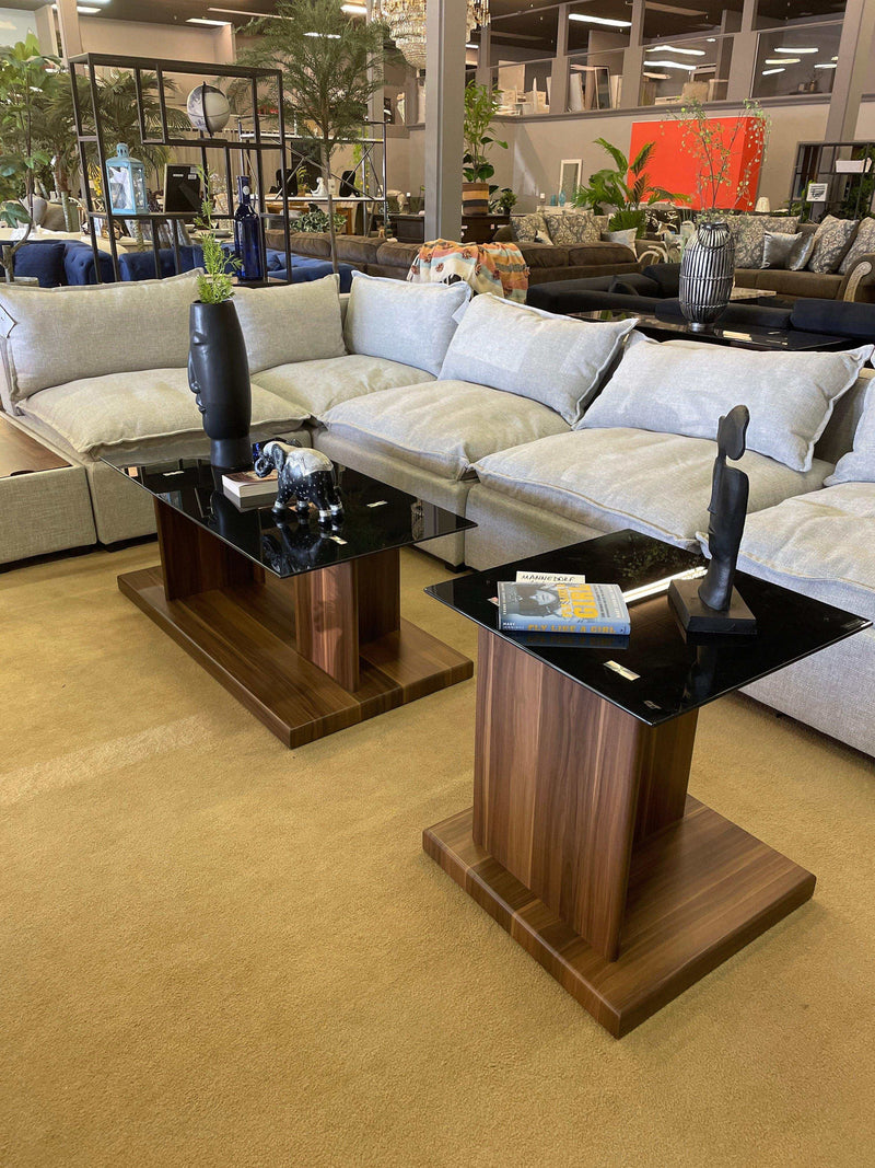 Mannedorf Dark Walnut & Black Glass Top Coffee Table