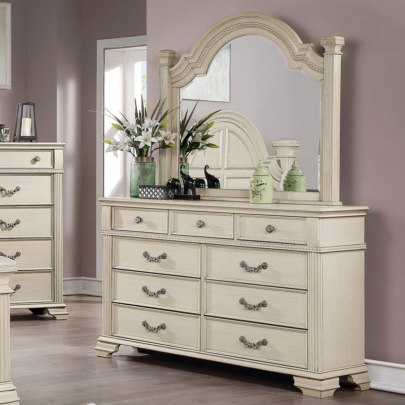Pamphilos Antique White Queen Bed & 2 Nightstand & Dresser & Mirror