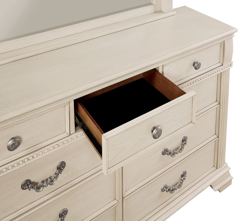 Pamphilos Antique White Queen Bed & 2 Nightstand & Dresser & Mirror
