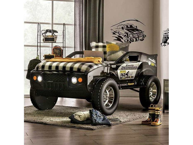 Speed Jump Black Off-Road Twin Car Bed w/ LED Headlights