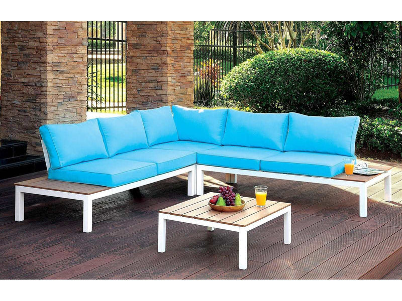 Winona White, Oak & Blue Outdoor L Shape Sectional w/ Coffee Table