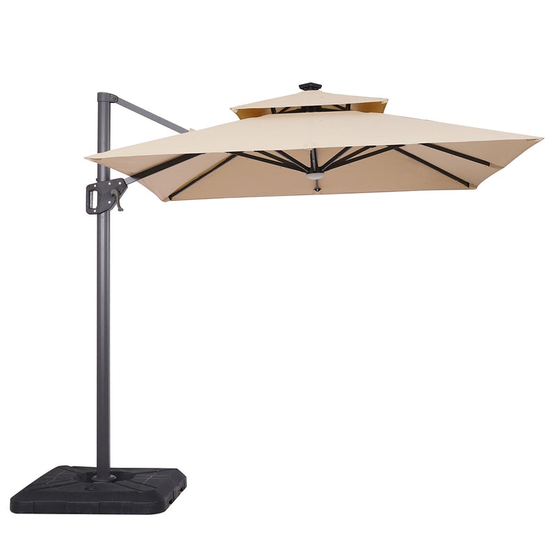 Xico Beige 8 FT Square Umbrella w/ Double Top and LED Light + 37" Large Base